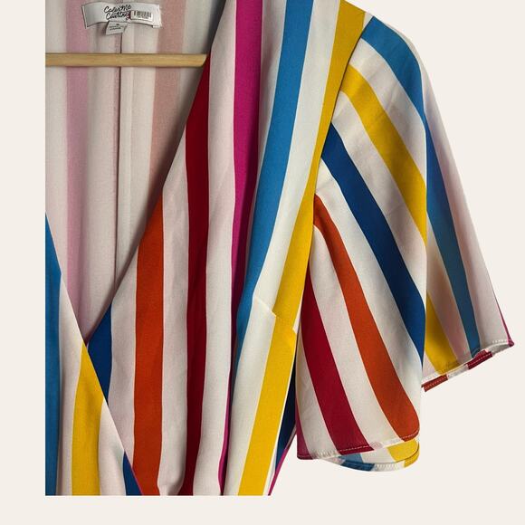 Color Me Courtney Taira Multicolor Striped Short Sleeve Wrap Midi Dress Size S - Picture 8 of 15